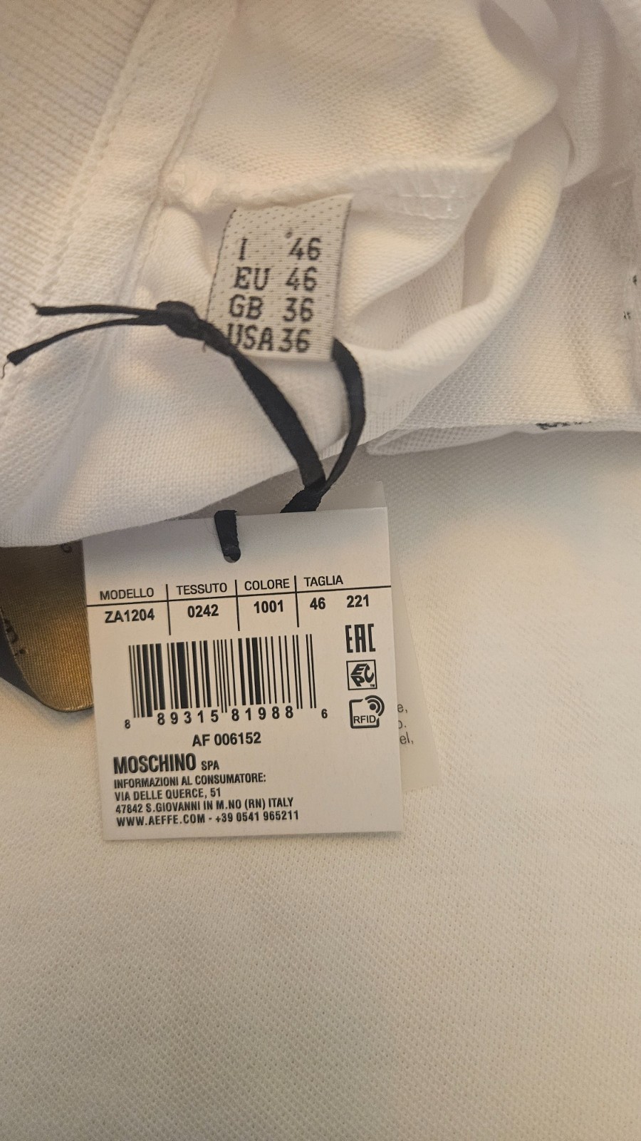 MOSCHINO Couture Milano Logo Polo Shirt White Mens Size Small IT 46, USA 36 NWT