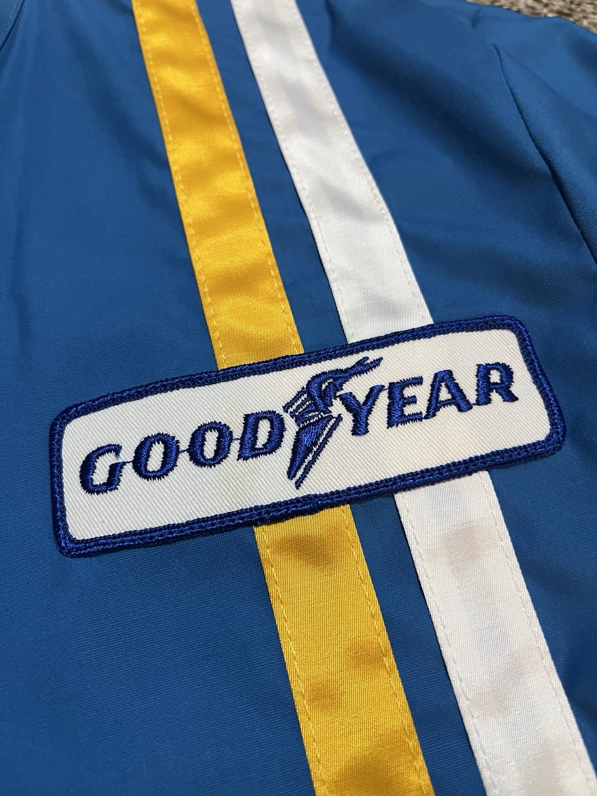 Vintage Goodyear Tires Racing Jacket Size Large USA Made Blue Stripes NOS Indy