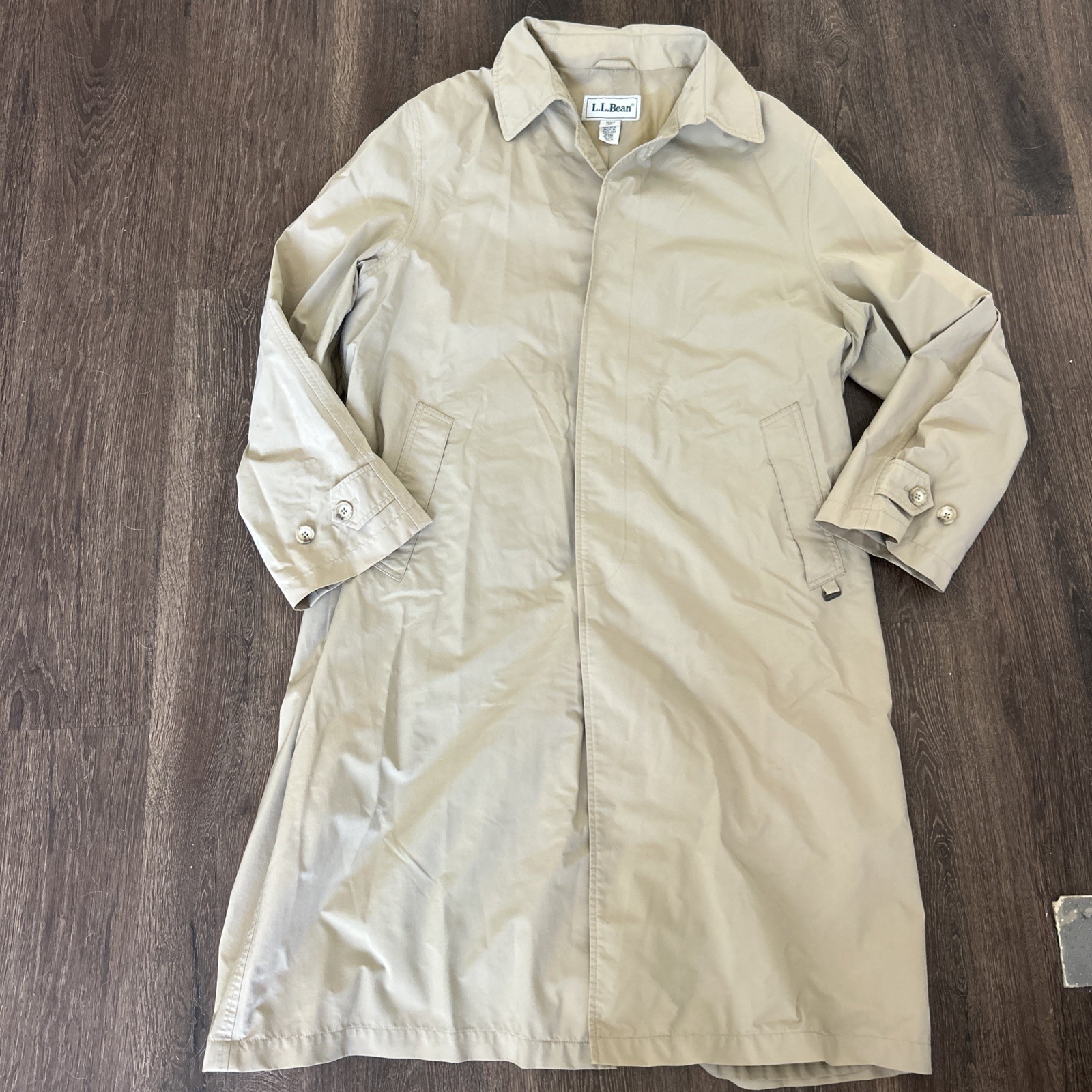 Vintage LL Bean Trench Rain Coat Mens Large Khaki Long Chin Strap Made USA 80s