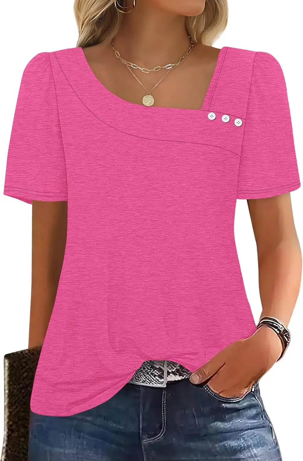 WIHOLL Womens Square Neck Short Sleeve Blouse Summer Casual Top Shirt