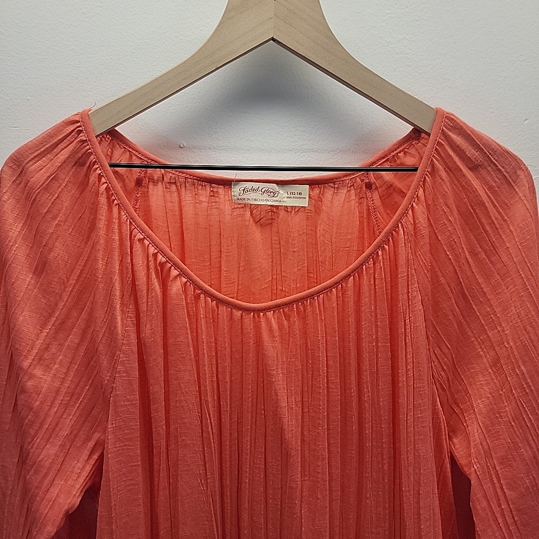 Faded Glory Blouse Women’s Large Coral Peasant 2yk Style Sheer Pleated Top