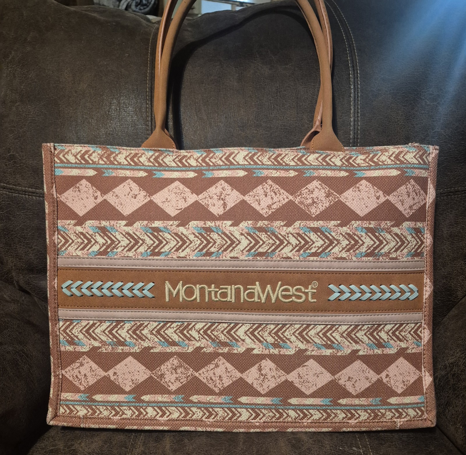 Montana West Geometric Tote Brown Beige Turquoise Zip Inner Pockets Dividers