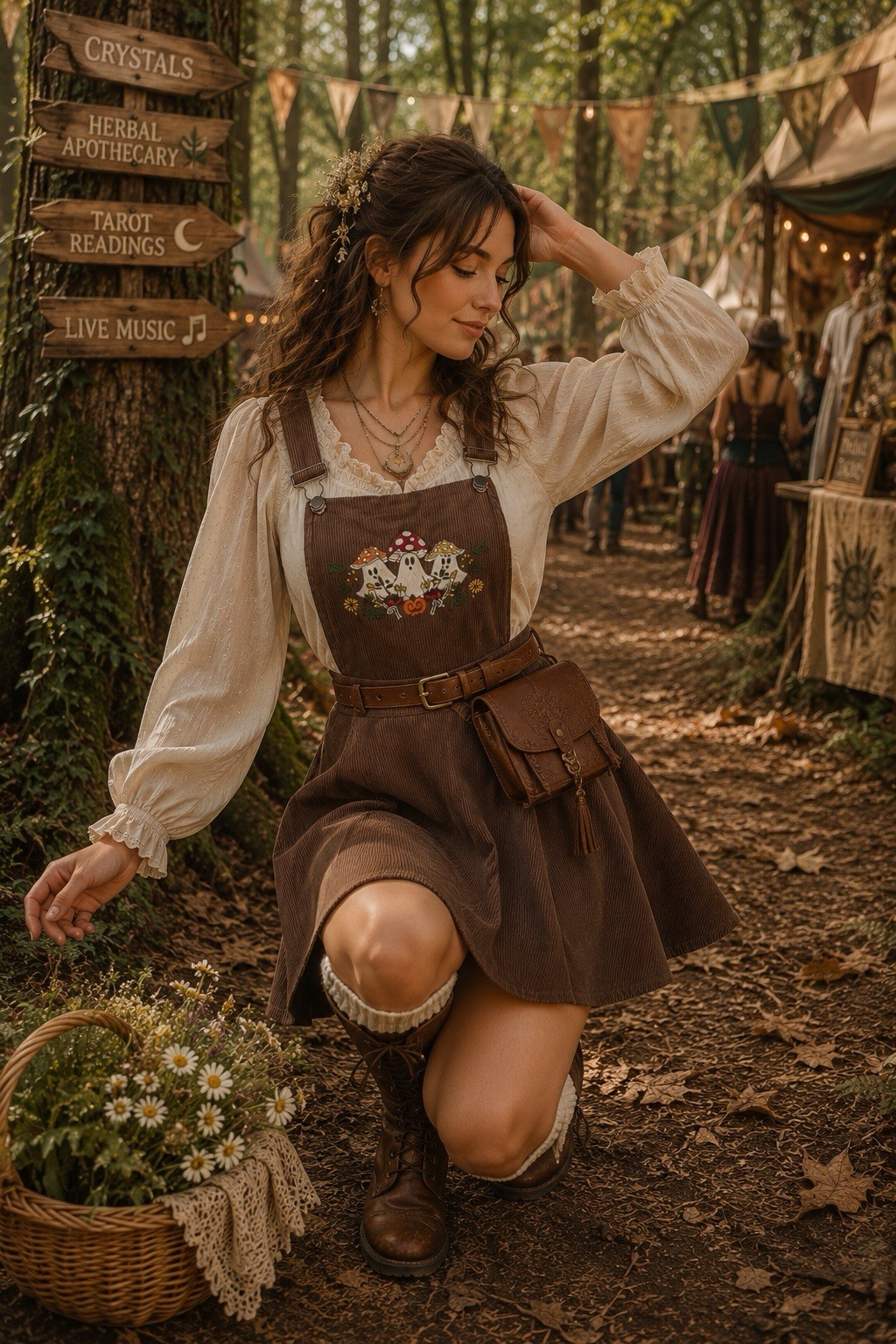 Thorn & Fable Ghost Mushroom Corduroy Skirtall Brown Embroidered S Overall Dress