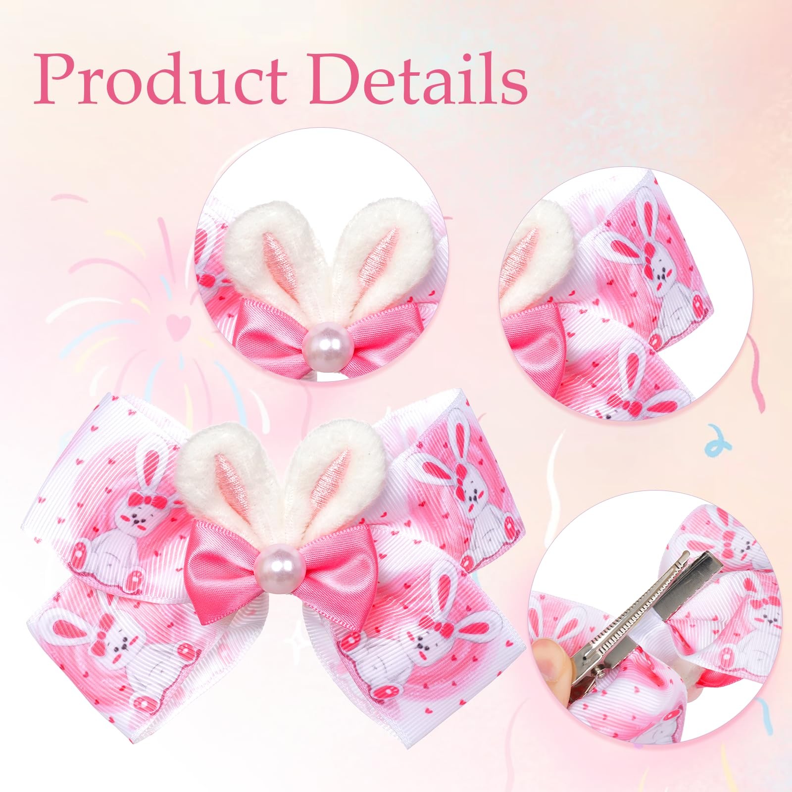 4 PCS Easter Hair Bows 4.7 Inch Pink Clips Bunny Ears Toddlers Kids Spring