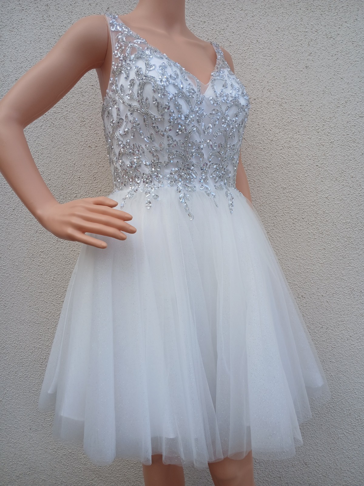 Ladivine Cinderella Divine White Silver Sequin Homecoming Dress Corset Back (L)