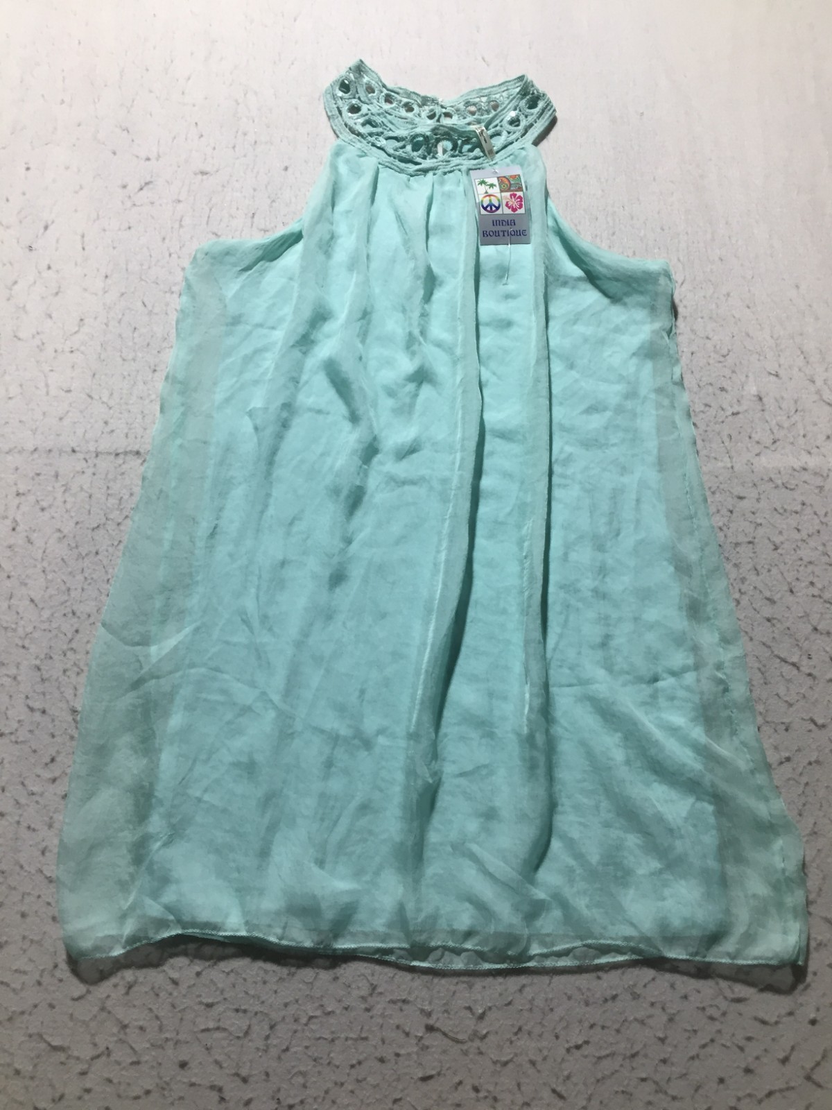 NEW India Boutique Tank Blouse Womens One Size Cyan Teal Crochet Accented Neck