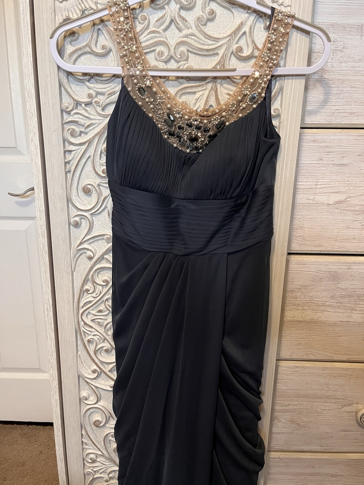 Elegant Full Length Navy Blue Gown Beaded Gala Prom Mother Of The Bride Sz 4