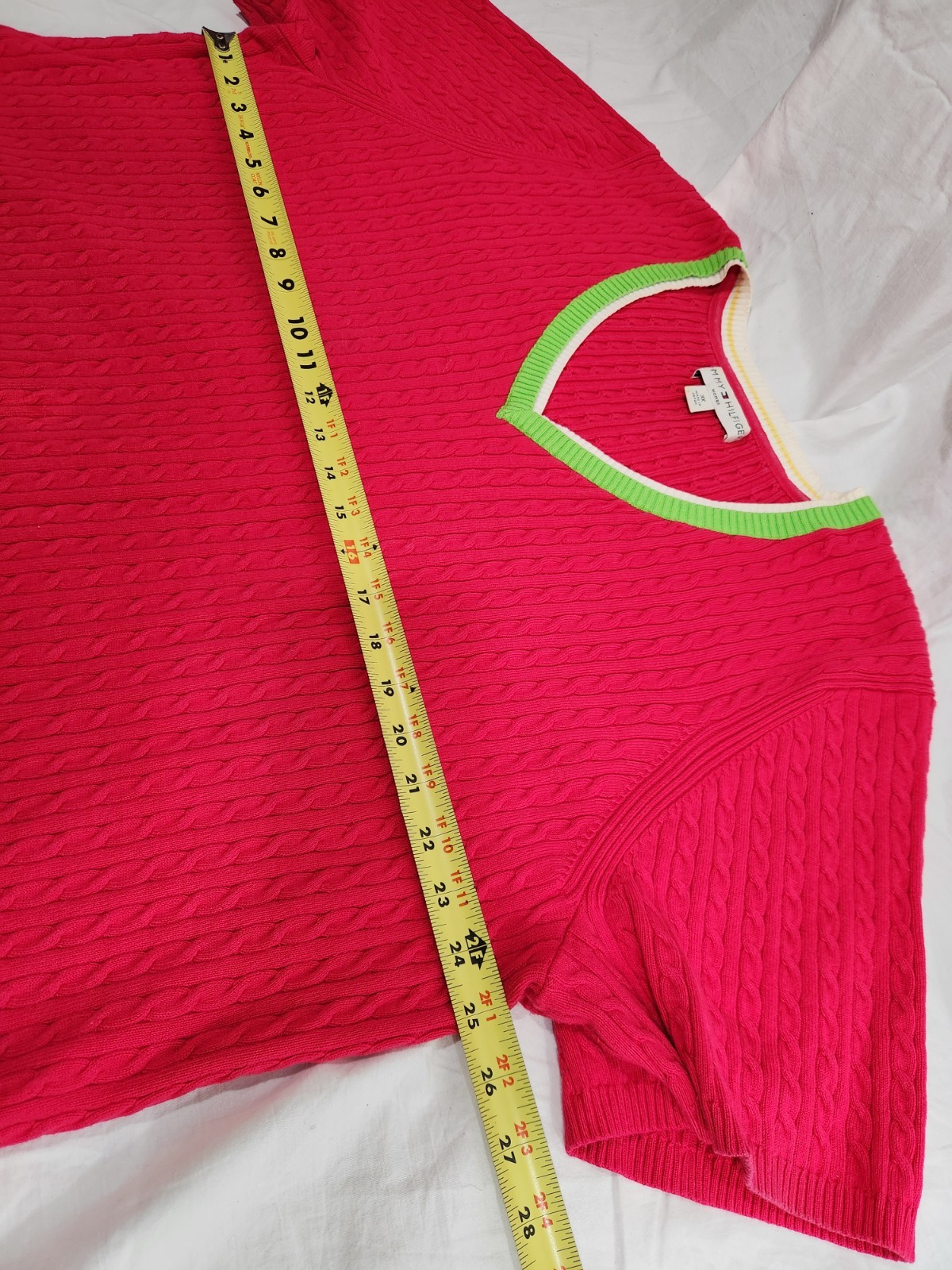 Tommy Hilfiger Women 3X S-Sleeve cable-knit sweater Fuchsia Pink V-Neck Logo