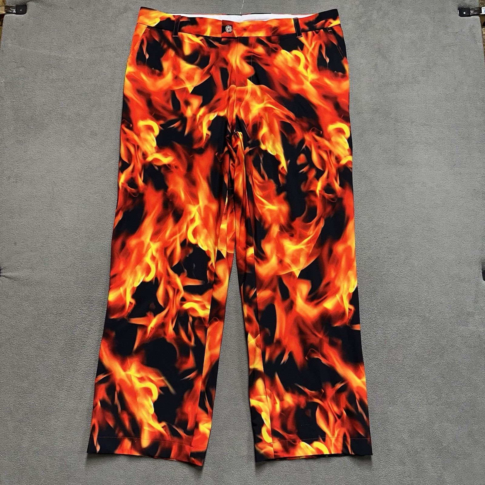 Loudmouth Golf Pants Mens 42 (39×29.5) Orange Fire Flame Print Straight Leg GUC