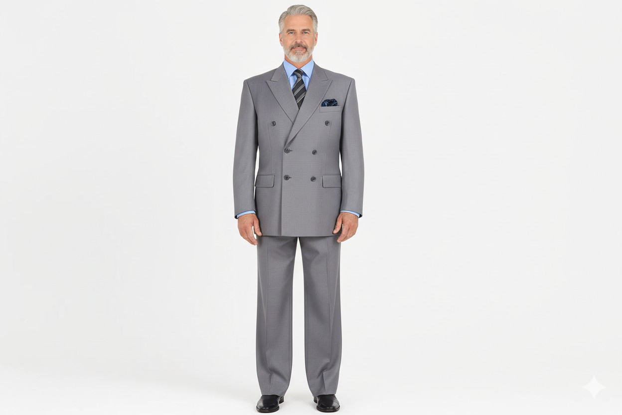 VINCI Men Double Breasted Classic Fit Suit Elastic Waist Light Gray