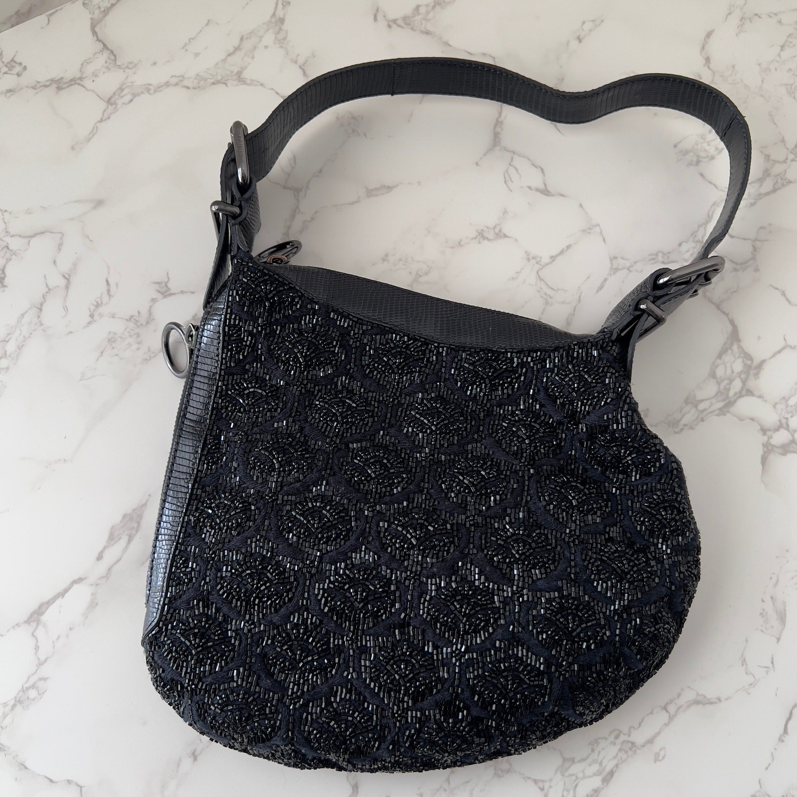 Vintage Fendi Black Rose Lizard trimmed Embellished Oyster Bag