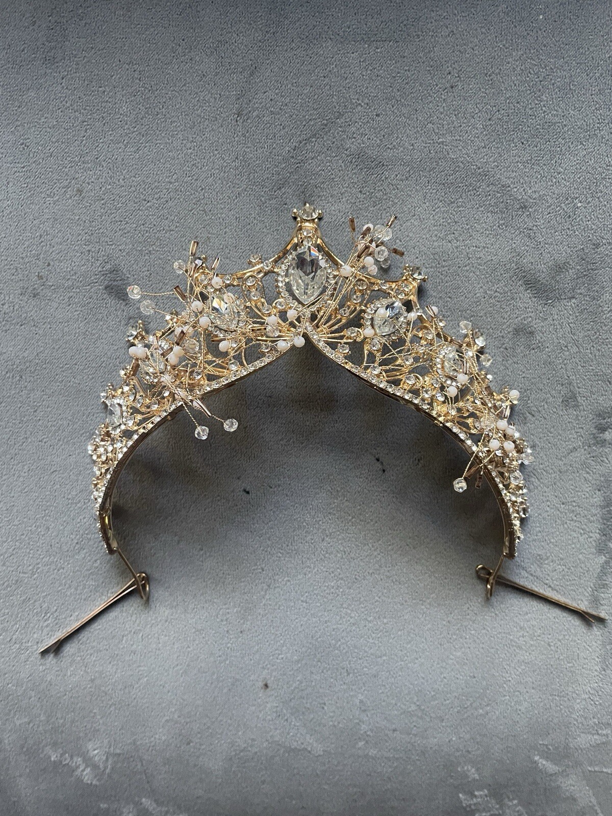 7.5cm Tall Crystal Beads Gold Tiara Crown Wedding Queen Prom Princess For Women