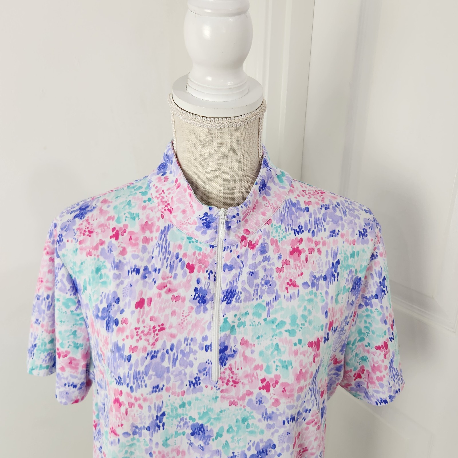 Ibkul Top Womens XL Blue Watercolor Floral 1/4 Zip Golf Tennis Sporty Vacation