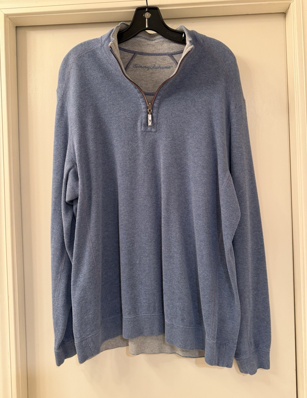 Tommy Bahama Men’s L Blue Knit 1/4 Zip Mock Neck Pullover Sweater Logo