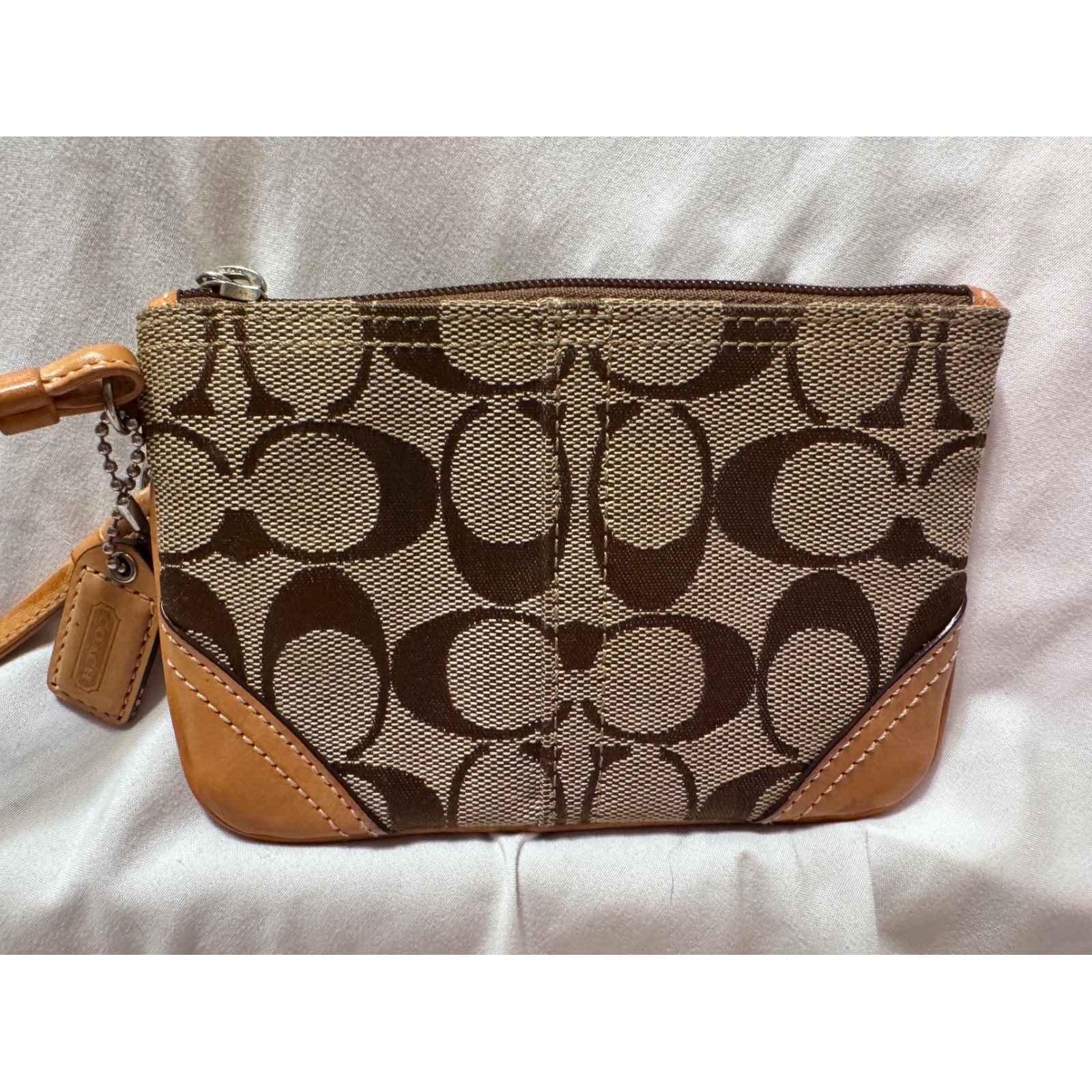 Coach Signature Jacquard Wristlet Khaki Brown Tan Leather Trim Small Pouch