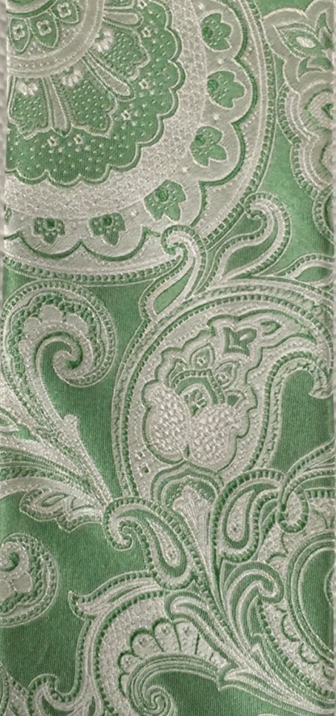 Paul Fredrick Neck Tie Green Silver Paisley 100% Silk 3.25 in Wide 59 in Long