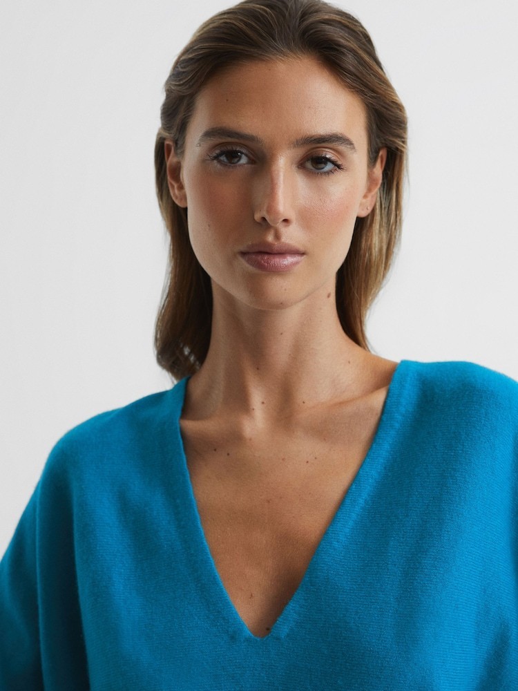 $146 Reiss Jolie Top M Deep V-Neck Jumper Cashmere Wool Ruched Sleeve U74-829