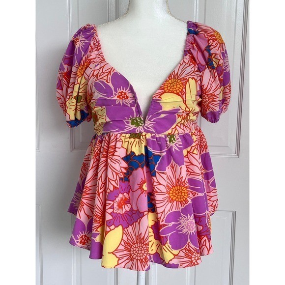 Entro Pink Purple Floral Puff Sleeve Babydoll Peplum Top T18327 women’s L