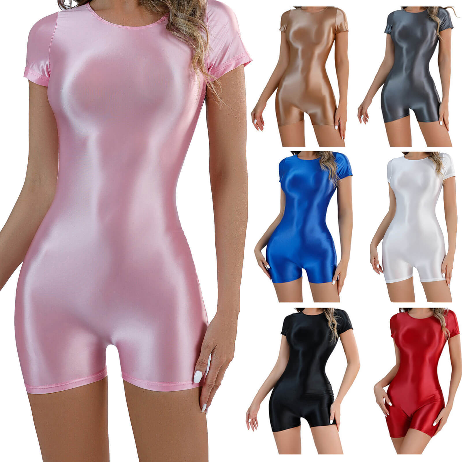 Women’s Shiny Wetlook Satin Catsuit Short Sleeve Leotard Short Bodysuit Jumpsuit