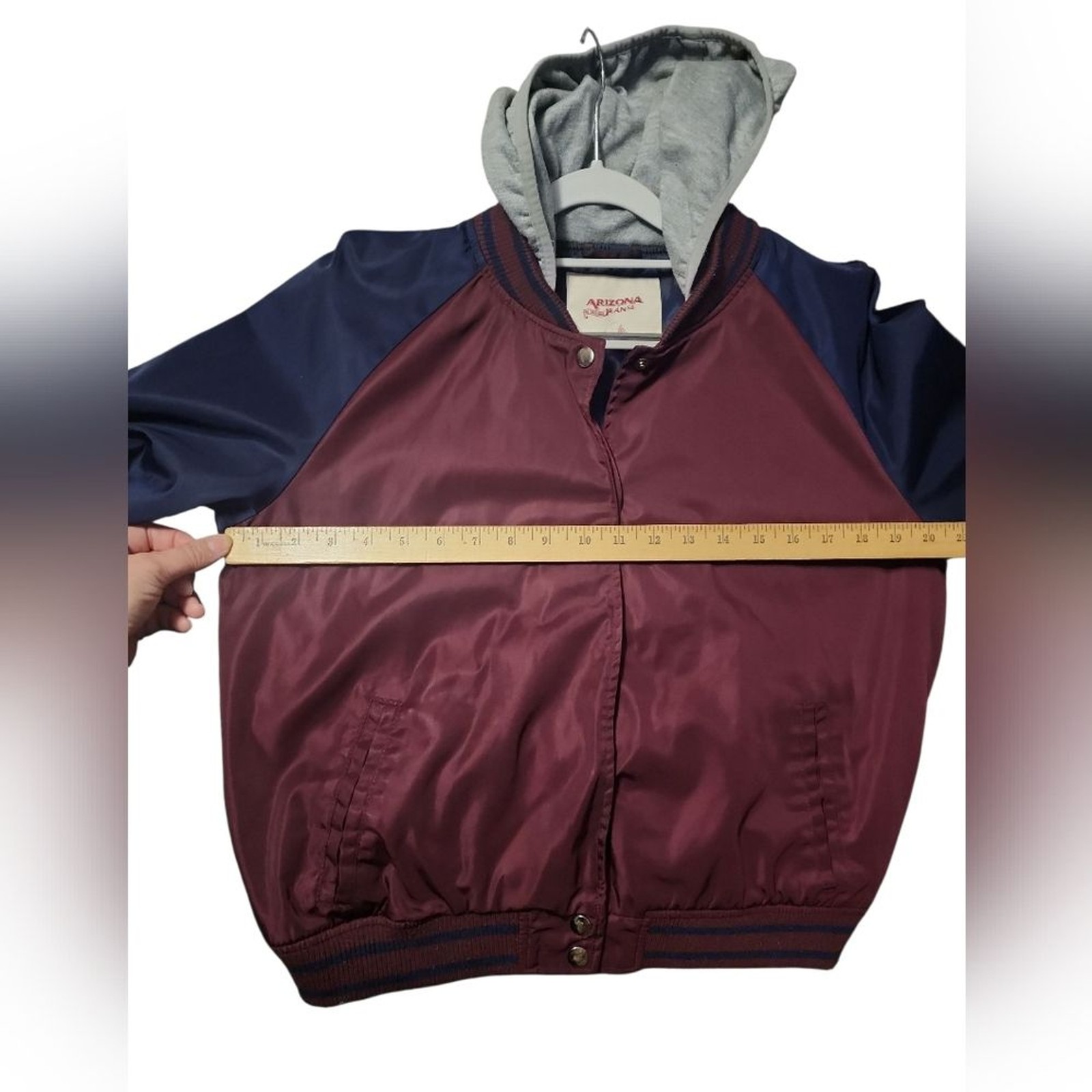 Arizona Jean Co Women’s Bomber Jacket Size M Maroon Navy Blue Hooded Varsity