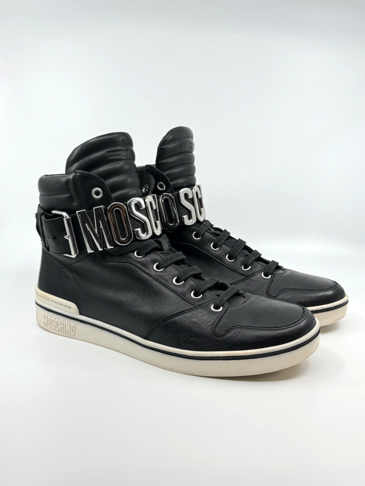 Moschino Mens Leather High Top Sneaker Logo Belt Buckle EU 43 US 10