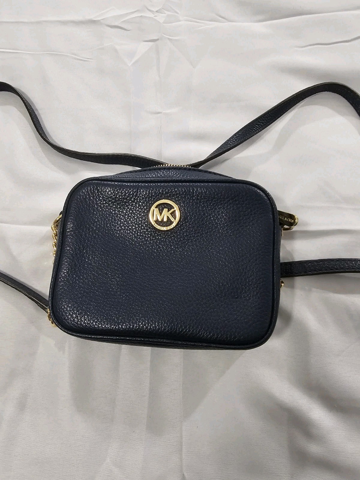 Michael Kors Fulton Navy Blue Pebbled Leather Crossbody Bag Featuring Gold Logo