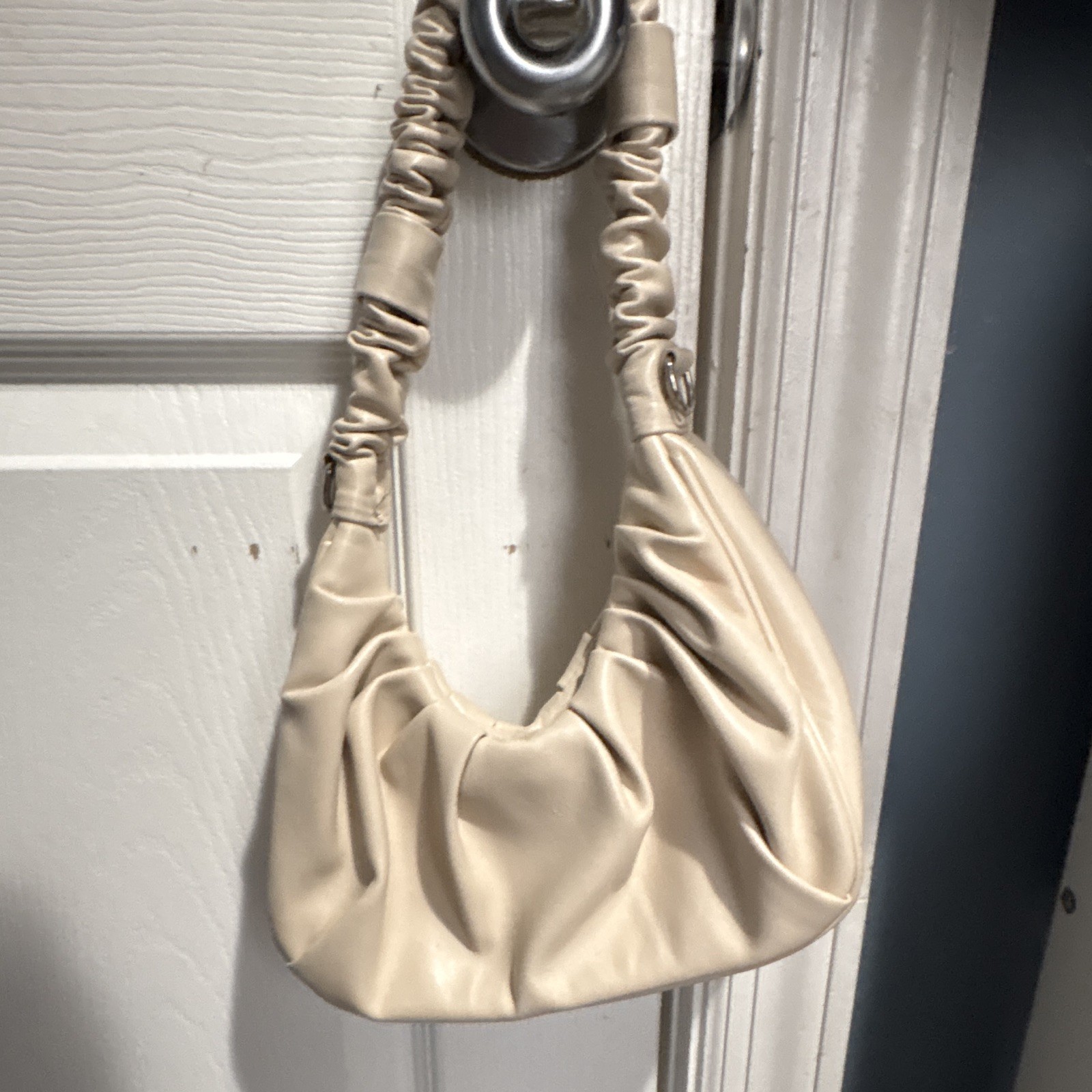 Women’s Beige Ruched Crescent Shoulder Bag Solid Pattern Silver Hardware