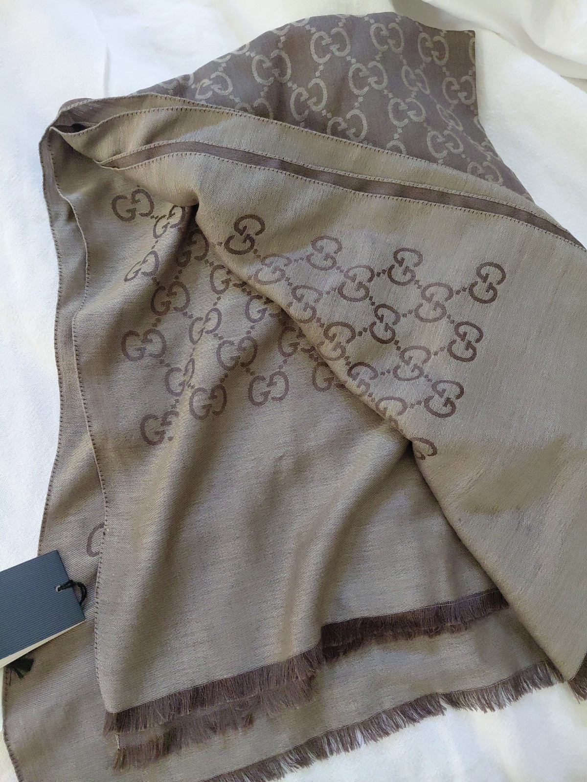 NWT Gucci GG Large Double Jacquard Wool-Silk Blend Brown Scarf Shawl ITALY 200cm