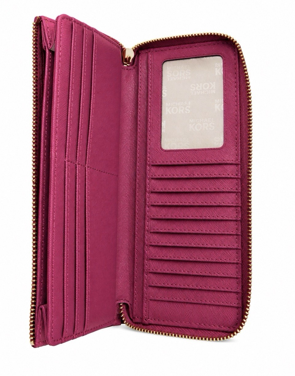 Michael Kors Jet Set Large Wallet Wristlet Brown Monogram Rasberry Center Stripe