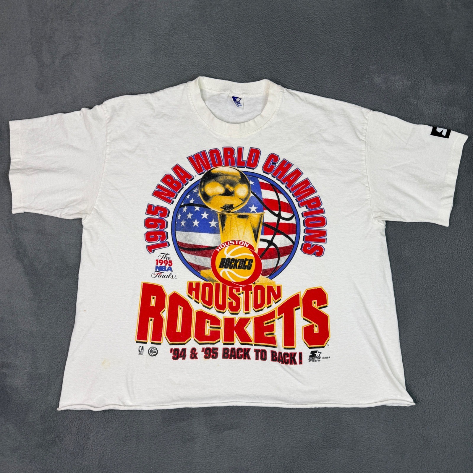 Vintage Starter Houston Rockets 1995 NBA Champions T Shirt Mens L White Cropped