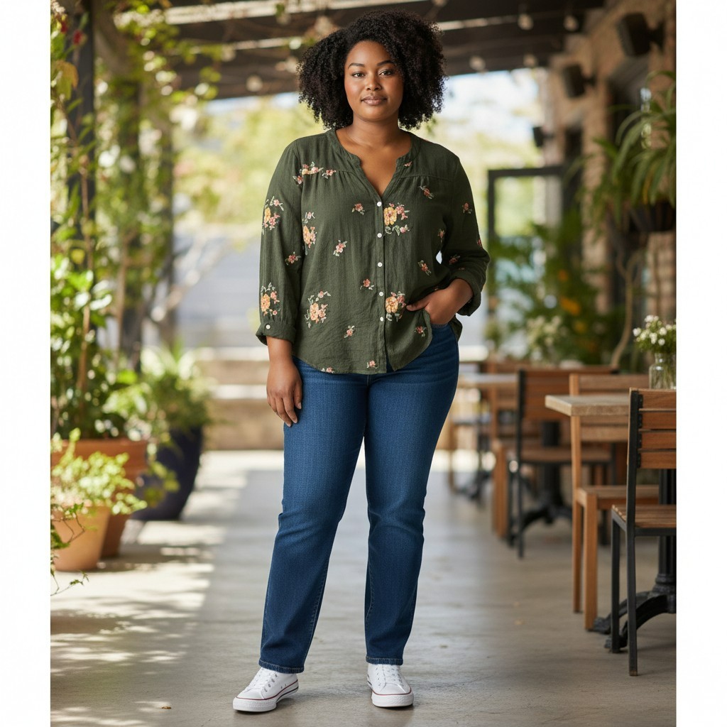 Fig and Flower Size 2X Green Floral Embroidered Long Sleeve Button Up Top Shirt