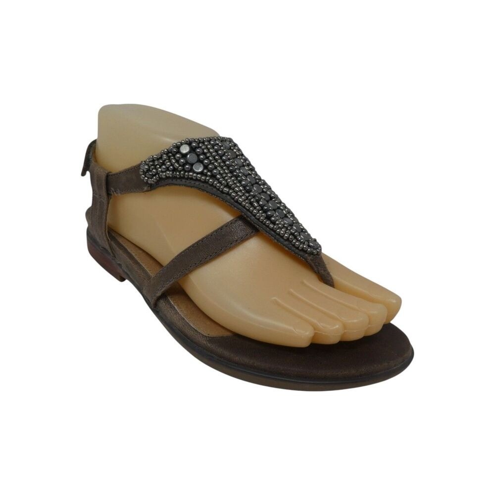 Aetrex Shiela Sandals Women 7 Black Leather Beaded T Strap Thong