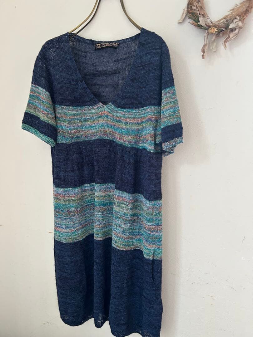 M.&KYOKO V Neck Multicolor Stripe Knit Dress Navy Free Size Rayon Paper Auth