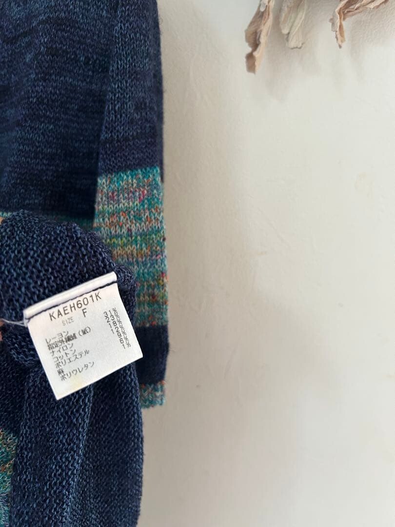 M.&KYOKO V Neck Multicolor Stripe Knit Dress Navy Free Size Rayon Paper Auth