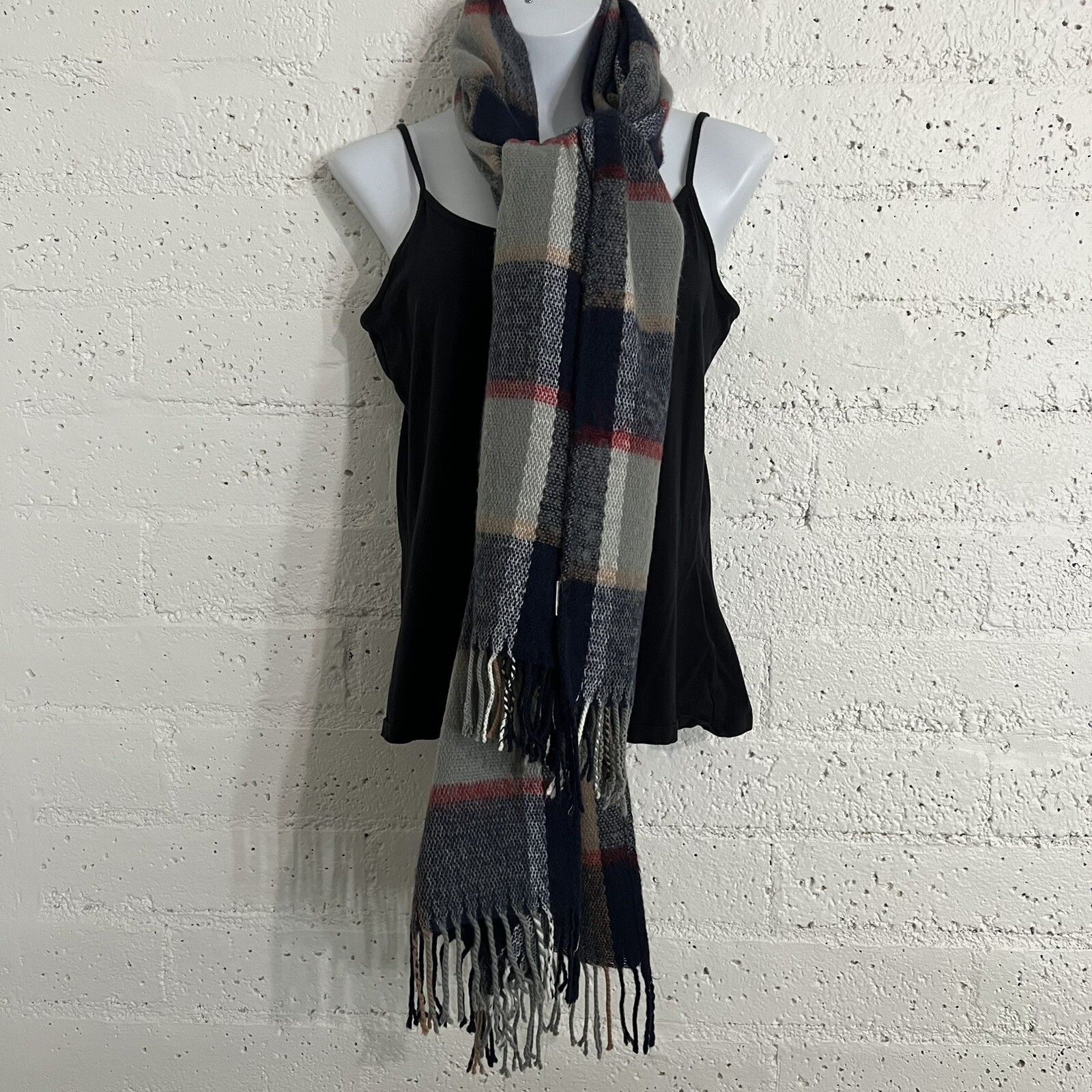 Womens Scarf Black Brown Window Pane Plaid Fringe Soft 24 x 78 inches E10