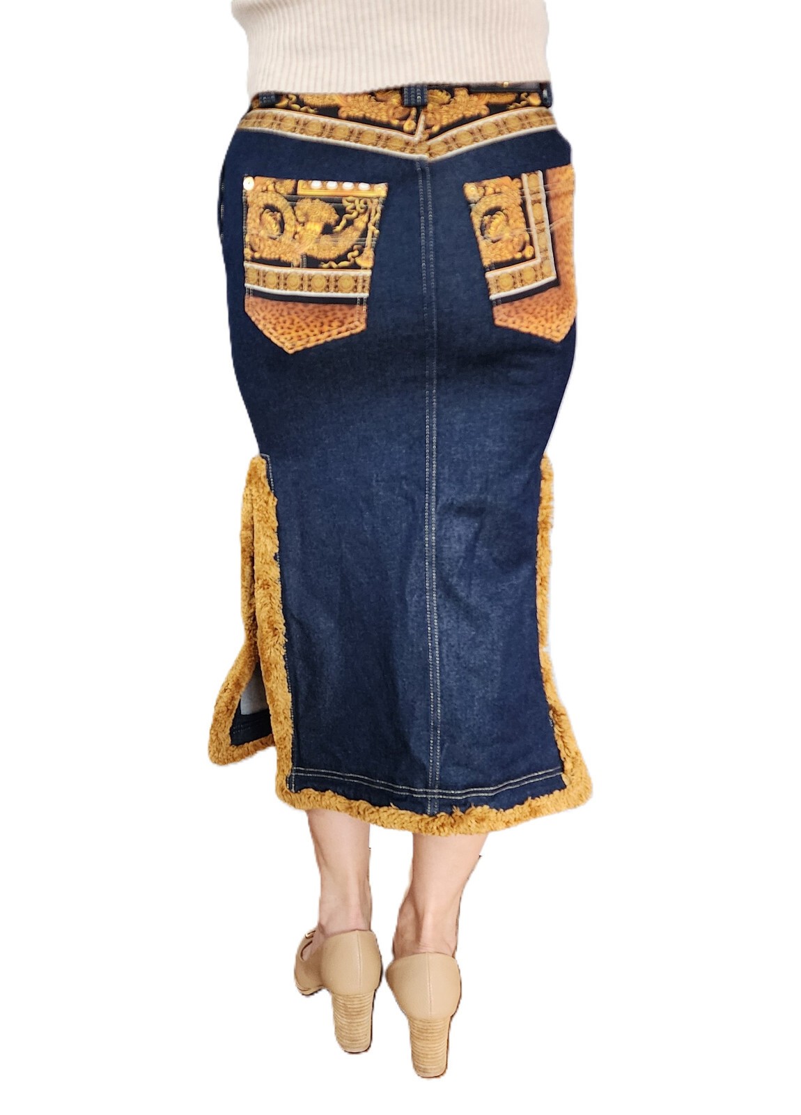 $2995 Designer VERSACE Women’s Indigo Gold Stitching Medusa Long Denim Skirt 40