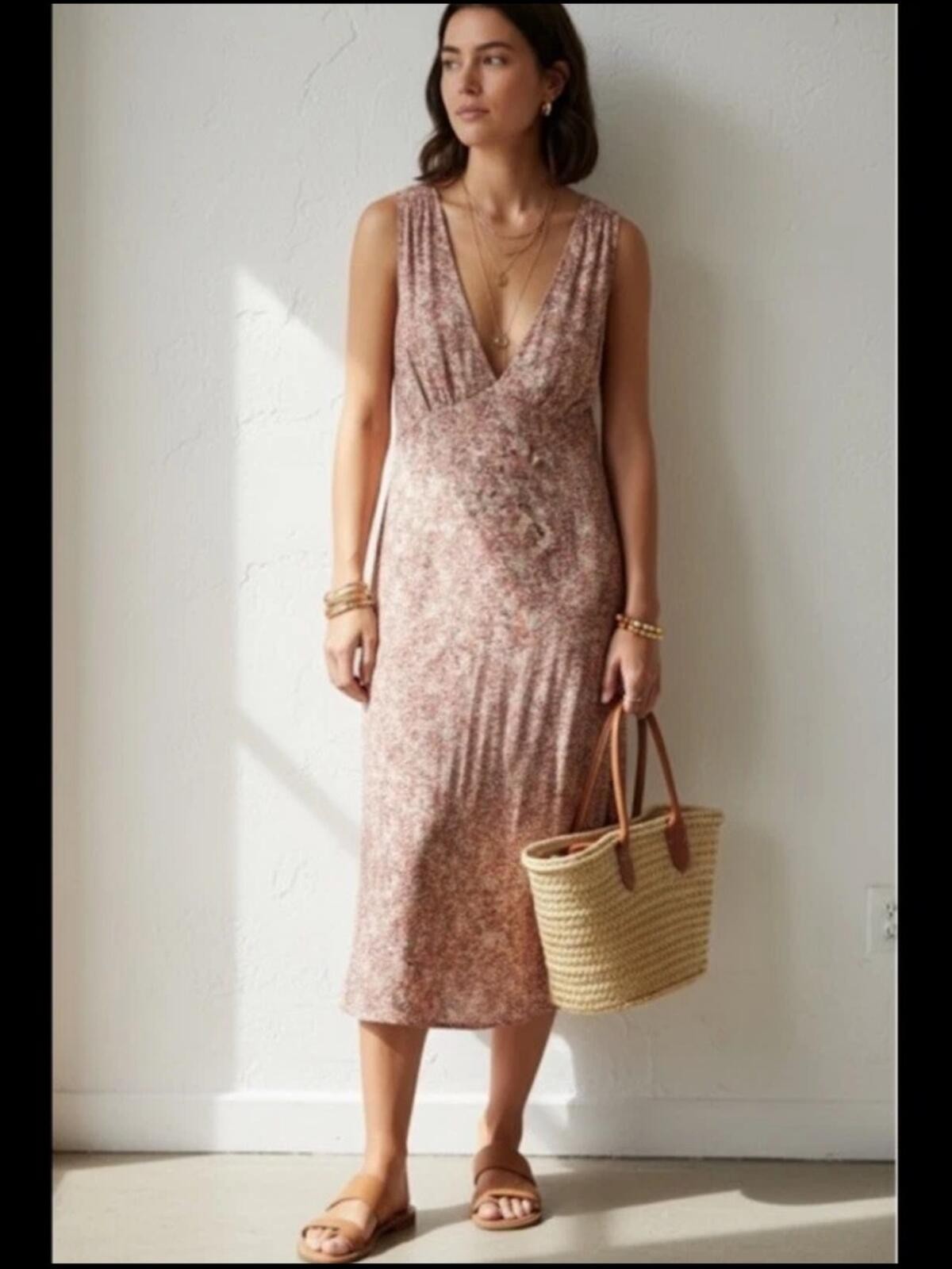 Wilfred Sleeveless V-Neck Floral Midi Dress in Dusty Rose Size Small New