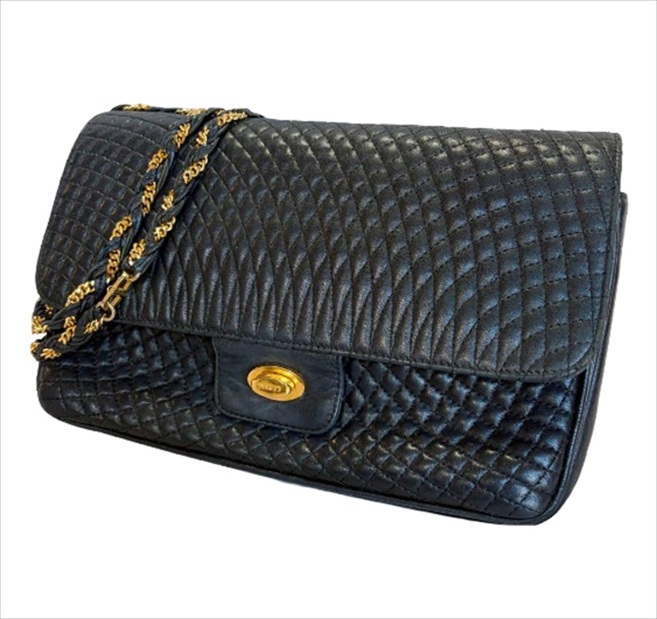 BALLY Shoulder Bag Black Quilted Lambskin Leather W10.2xH7 in. Gold Chain Strap