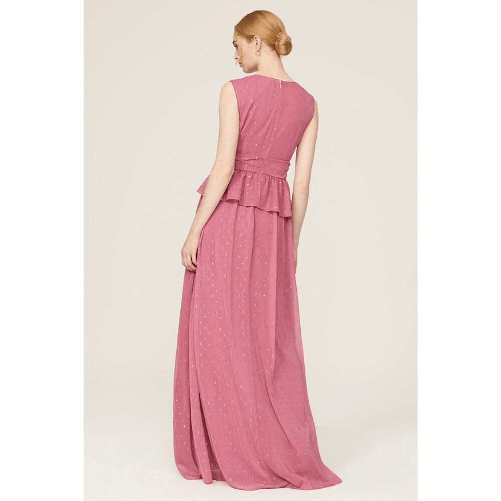 LDT Maxi Gown Women’s 4 Pink Rose Sleeveless V-Neck Peplum Waist A-Line RTR