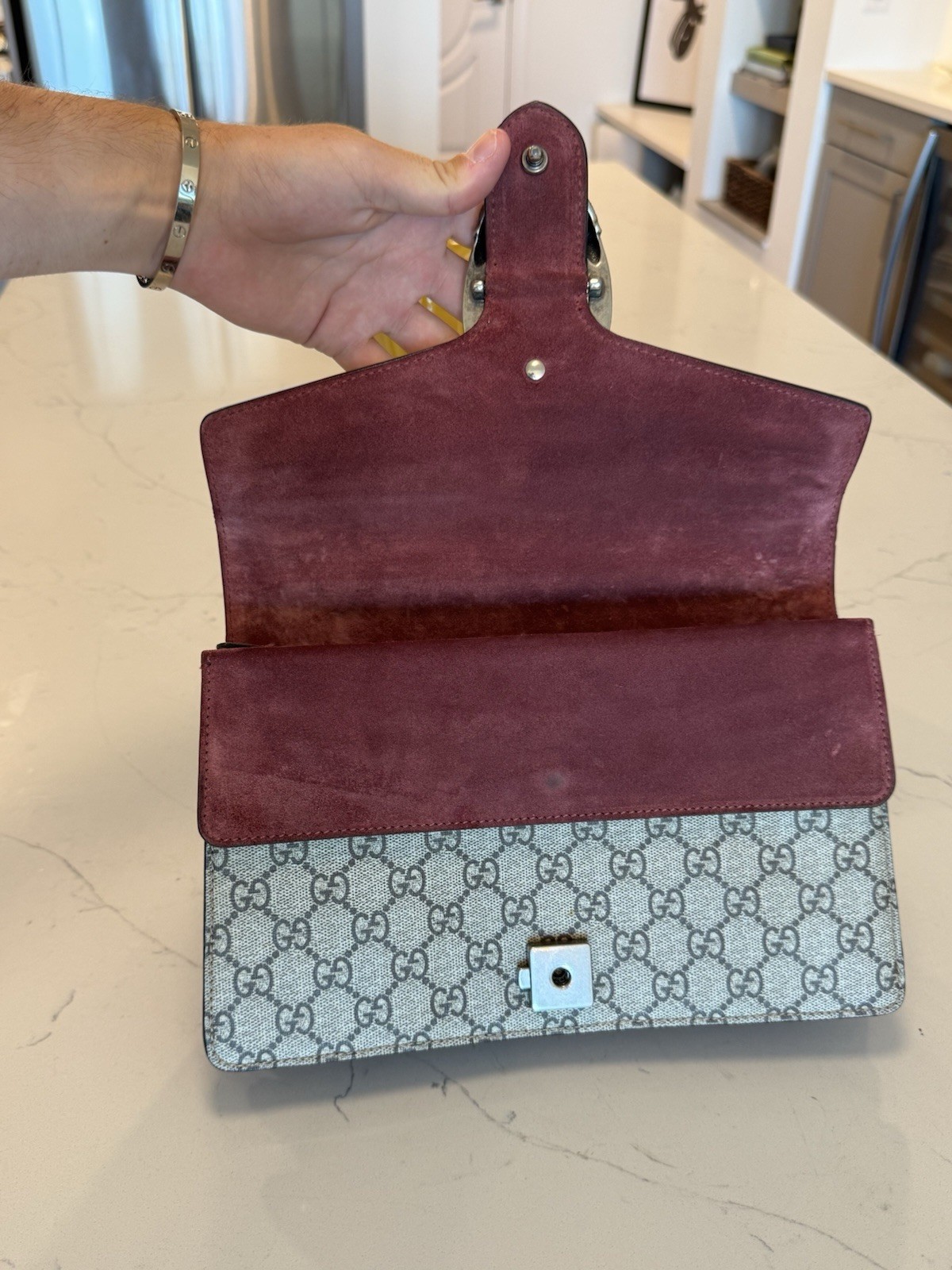 Gucci Dionysus GG Blooms Floral Chain Shoulder Bag Snap Closure Beige Burgundy