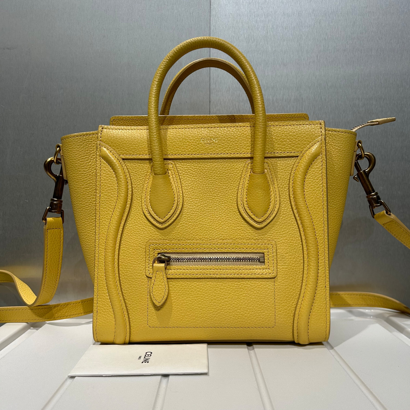 Celine Drummed Calfskin Luggage Shoulder Bag Nano Yellow