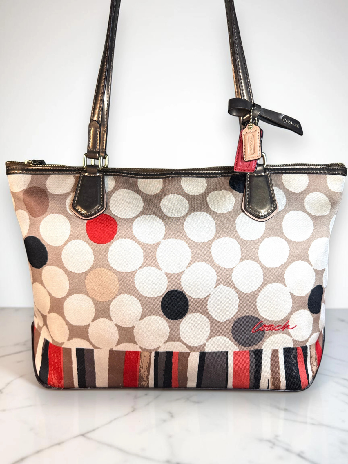 Coach Poppy Watercolor Polka Dot Tote Shoulder Bag