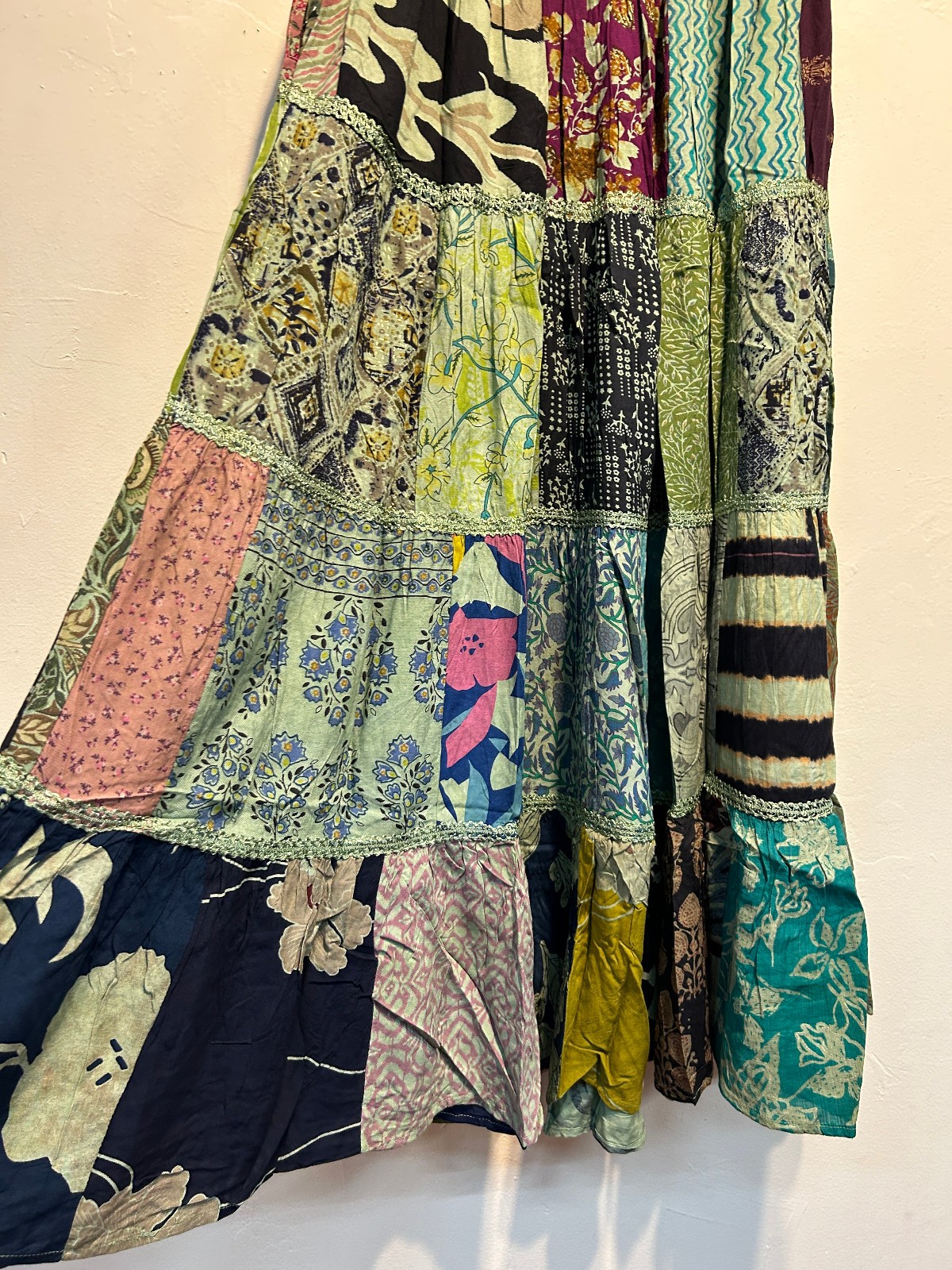 Nwt FUNKY STUFF boho hippy patch rayon elastic waist maxi SKIRT L Free shipping