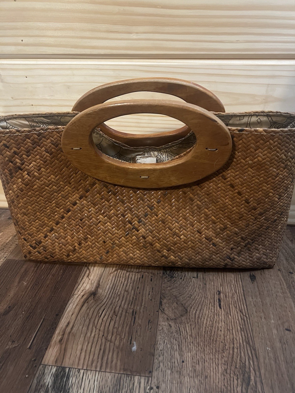 Old Navy Brown Woven Satchel Top Handle Bag Wood Handles Snap Lined Pockets