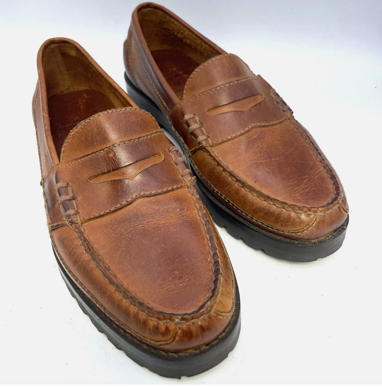 Polo Ralph Lauren Penny Loafers Walnut Brown Leather Lug Soles Men’s US 10D