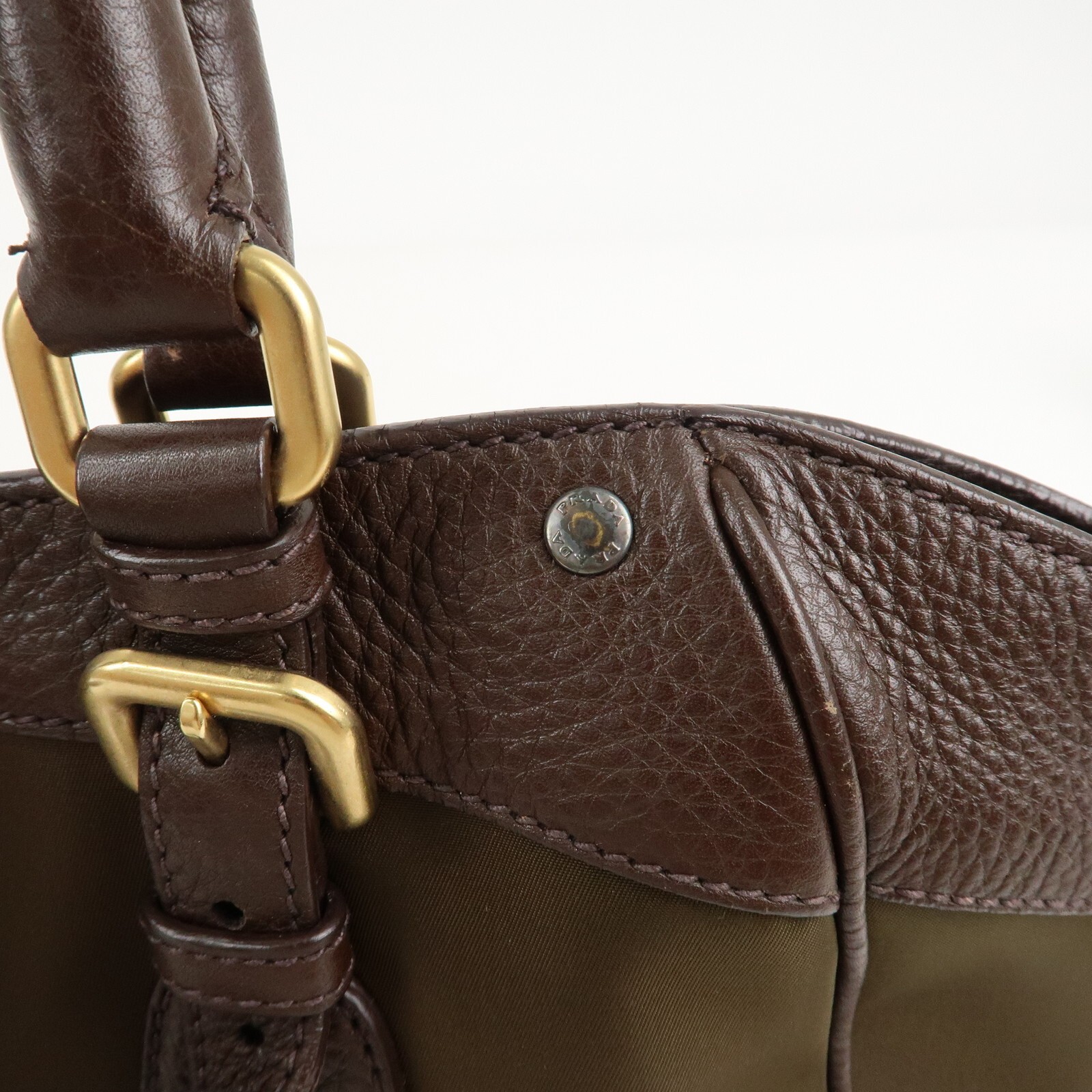 PRADA Logo Hand Bag Kahki Brown Nylon Leather BN1221 Auth Used