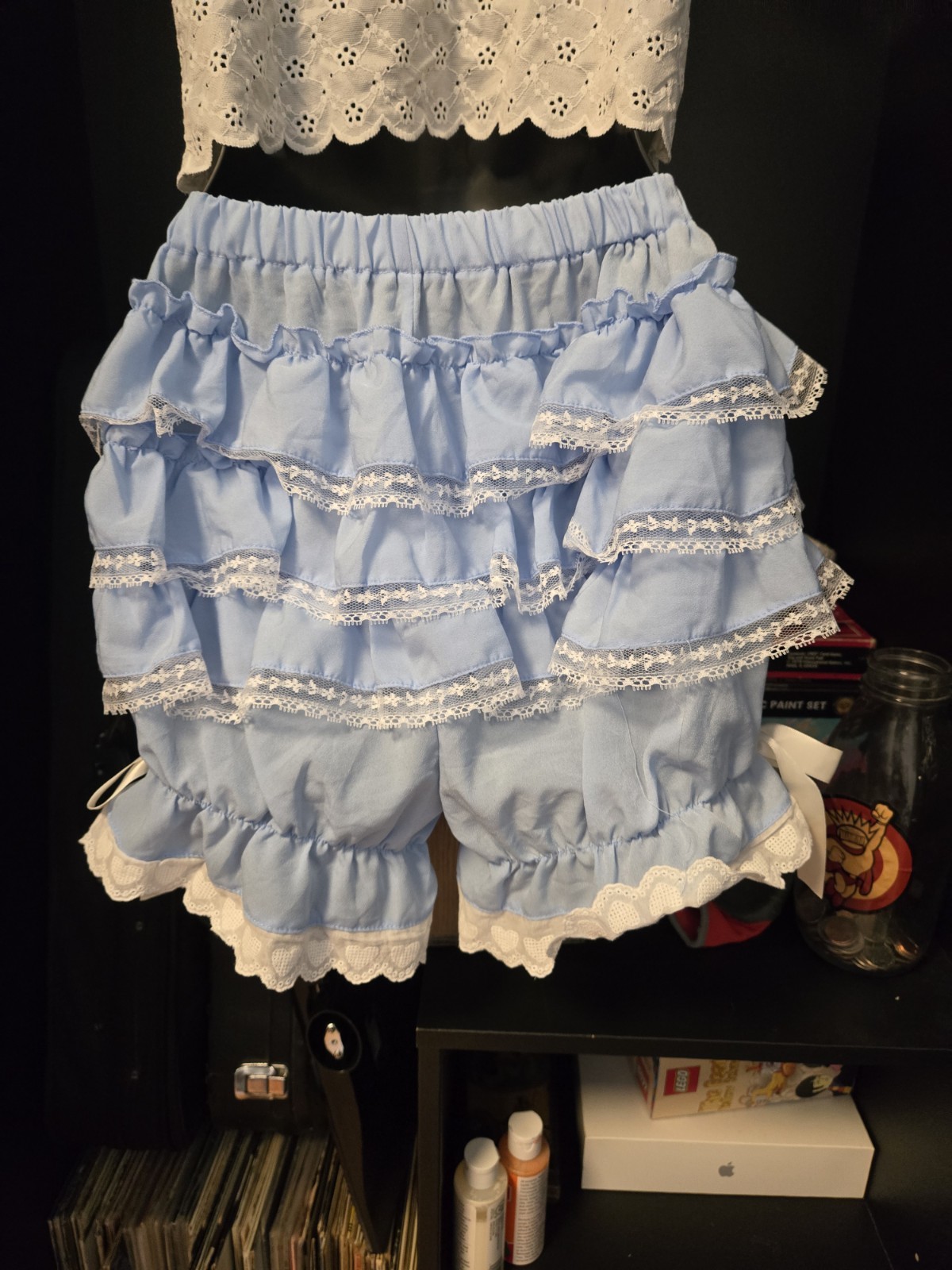 Pastel Blue Kawaii Bloomers Lolita Ruffle Pumpkin Shorts – Heart Eyelet Lace Med