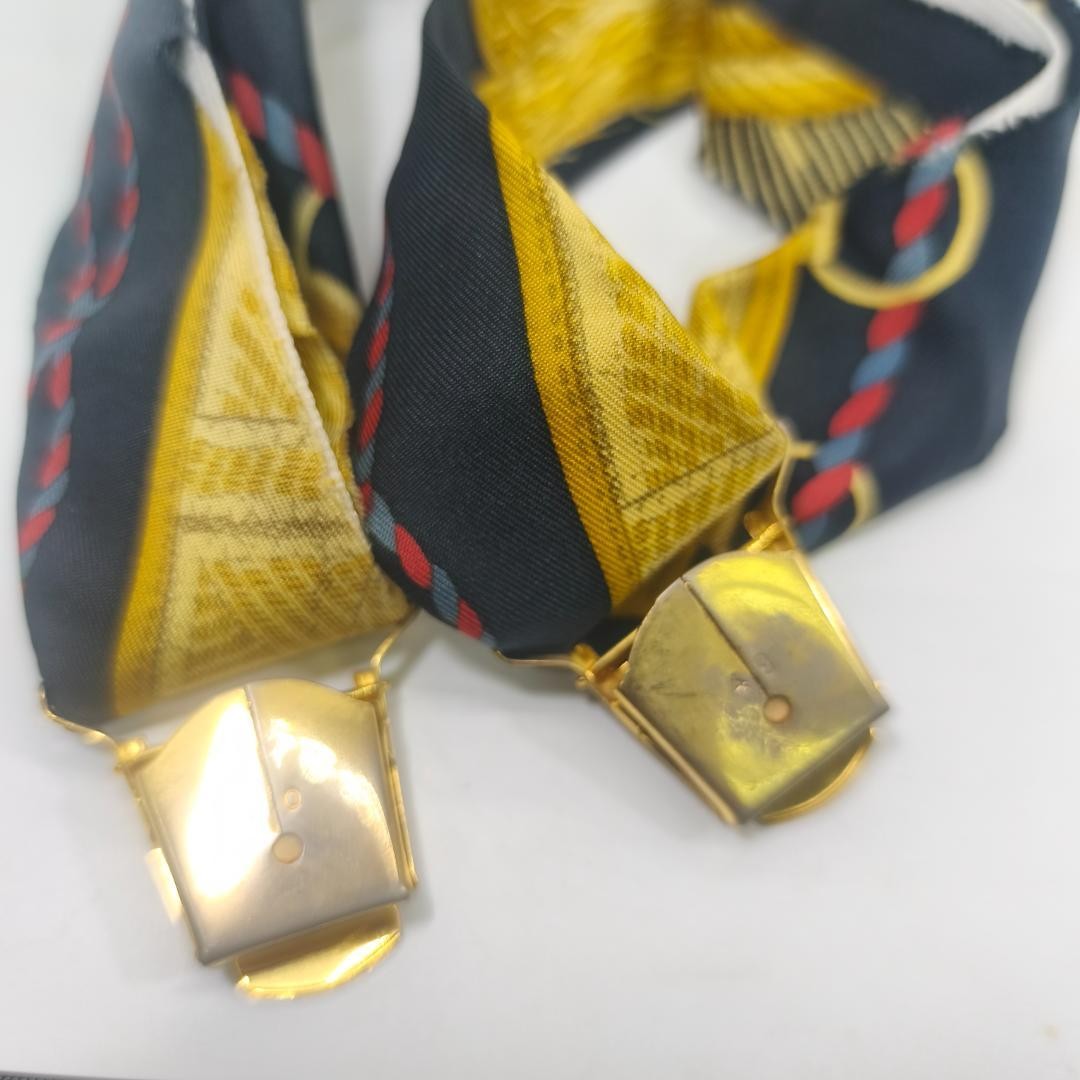 Hermes Paris Silk Suspenders Black Multicolor All Over Pattern Length 82cm w/Box