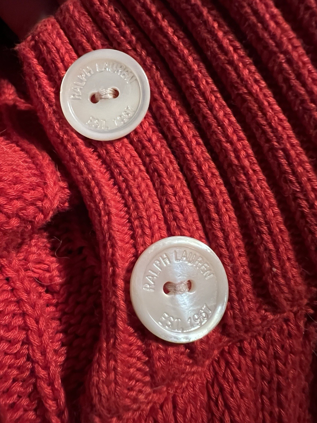 Lauren Ralph Lauren Red Cable Knit Mock Neck Cardigan Sweater XL Preppy Cottage