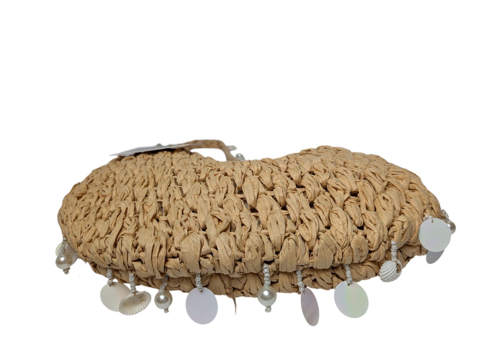 NWT From India To You Brand Artisan Lt Tan Raffia Genuine Shell Bead Accents Bag